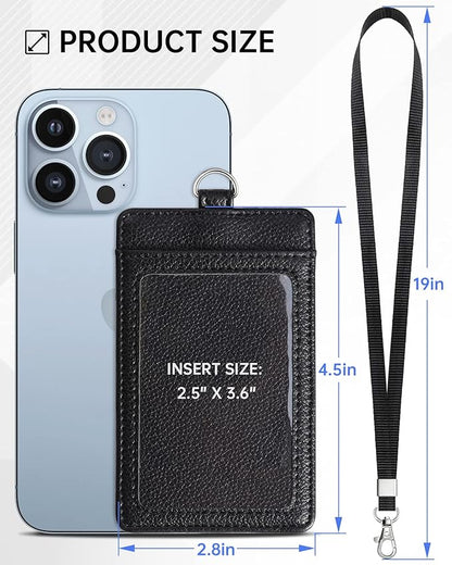 Teskyer Badge Holder with Lanyard, Leather ID Name Badge Card Holder with Lanyard for ID Badges, Vertical, Lychee Pattern Black