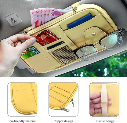Car Sun Visor Organizer, Leather Multi-Pocket Visor Organizer Pouch with Double Zippers Net, Sunglass Holder Storage Pocket for License Pen Key Card Registration Document (Beige)