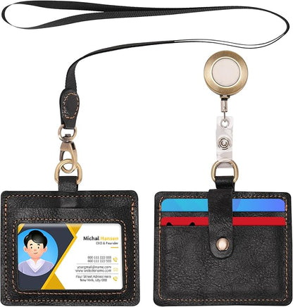 Wonderpool Leather Horizontal Badge Holder with Detachable Neck Lanyard and Retractable Badge Reel Clip, Card Slots Case ID Card Holder for ID Badges Card and Driver Licence (Black)