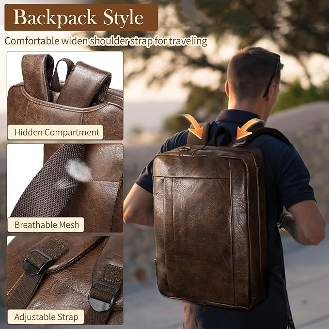 Faux Leather Messenger Bag for Men 17-17.3 Inch: Convertible 3 in 1 Backpack Laptop Bag Briefcase Computer Handbags Shoulder Crossbody Bag with Padded Laptop Sleeve for Work College Travel, PU Coffee