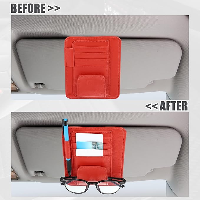 X AUTOHAUX PU Leather Car Sun Visor Organizer Glasses Holder Card Holder Auto Accessories Pocket Organizer Red