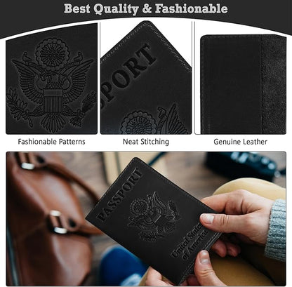Shvigel US Leather Passport Book Cover - Thin American Travel Passport Holder - Premium International USA Passport Protector Case for Women Men (Black Vintage)