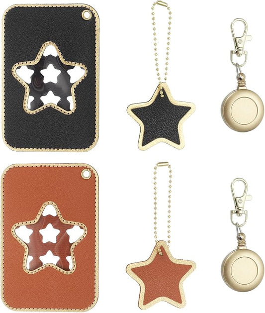 PATIKIL Retractable Badge Holders, 2 Pcs Cute Leather ID Holder with Badge Reels Keychain ID Card Clip Protector Cover for Women Work Office Business Trip, Brown/Black