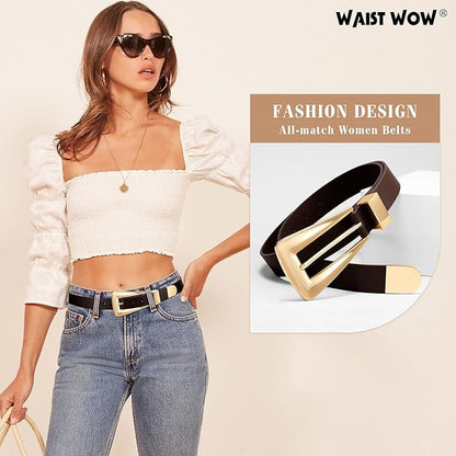 Women's Leather Belts for Jeans Pants Fashion Leather Waist Belt Ladies Dress Belts with Gold/Silver Buckle