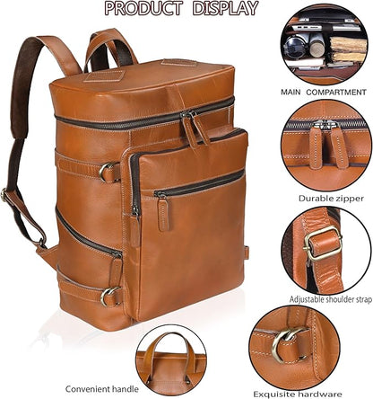 HLC Leather Tan Backpack For Men Genuine Laptop Rucksack For Men Women Genuine Leather Vintage Large Capacity Business Retro Travel Camping Daypack (17 Inch Tan)