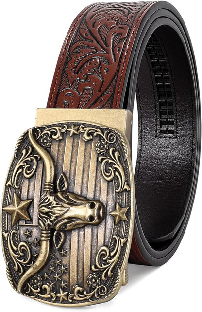 SANSTHS Western Cowboy Ratchet Belts for Men Women Leather Cowboy Belt with Automatic Western Buckle for Jeans Gifts