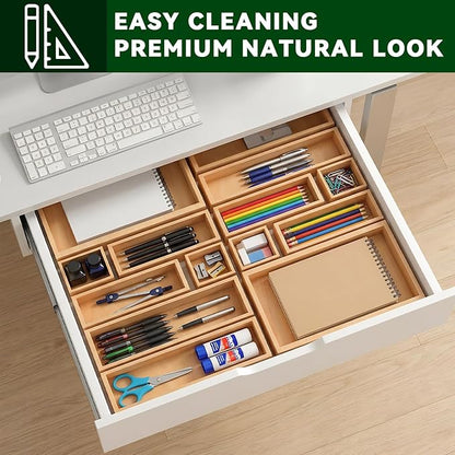 Bamboo Drawer Organizer 7 Pcs for Kitchen Multi-purpose Storage Dividers for Kitchen, Office, Jewelry, Cosmetics, Wooden Drawer Dividers for Drawer Organizer Desk Organizer Gift for Women Gifts Idea