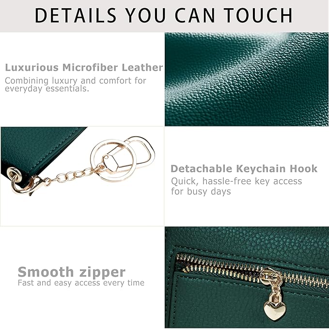 Women Small Wallet RFID Blocking Slim Wallet with Coin Pocket Tri-Fold Credit Card Holder with ID Window and Keychain (Dark Green)