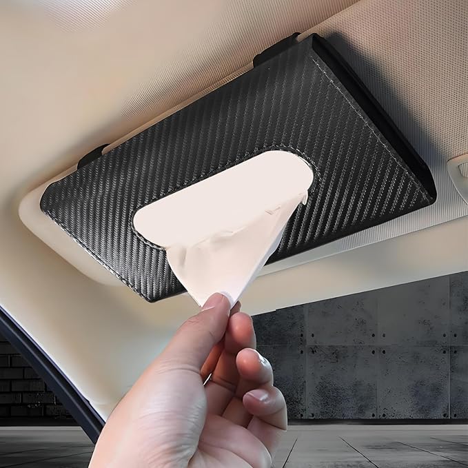 Car Tissue Holder, Leather Tissue Holder for Car Sun Visor, Rectangular Auto Sun Visor Napkin Holder Mask Dispenser, Universal Vehicle Tissue Box Sun Visor Accessory (Carbon Fiber)