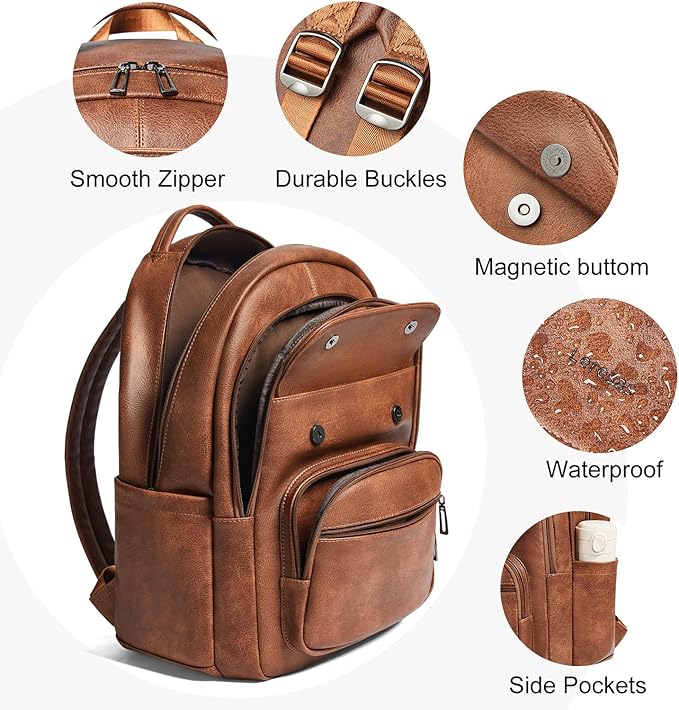 Leresas 37L Vegan Leather Backpack Purse for Women Mens Travel Backpack Work Laptop Teacher BackPack College Daypack Business Backpack Office Bag Brown