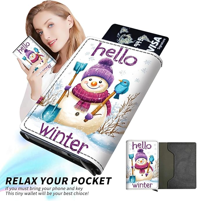 Minimalist Wallet for Men's Card Holders, Pop-Up Card Case Durable Wallets for Women, Leather Automatic Credit Card Holder with Metal Money Clip RFID Blocking Bifold Pocket, Winter Snowman