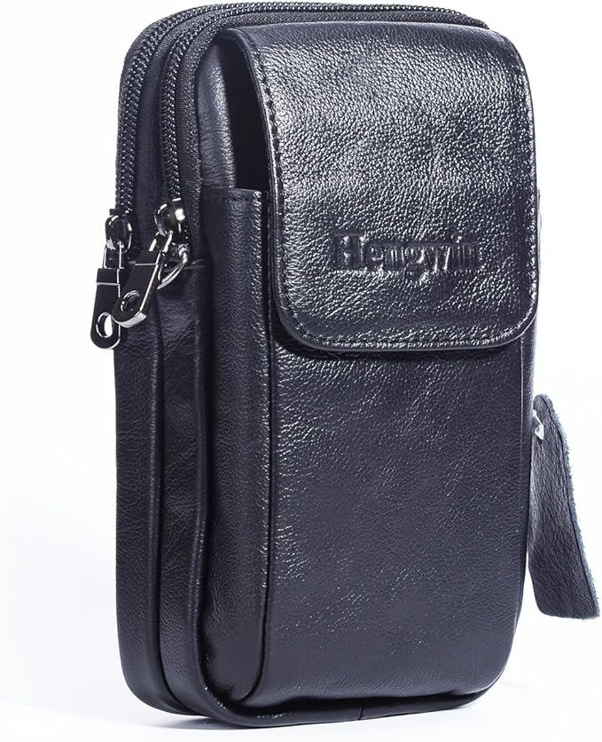 Hengwin Leather Vertical Men Cell Phone Holster Wallet Case with Belt Clip Travel Messenger Bag Waist Pouch Crossbody Purse Fit for iPhone 17 Pro Max 15 Pro Max Samsung Galaxy S25 Ultra Note 9 (Black)