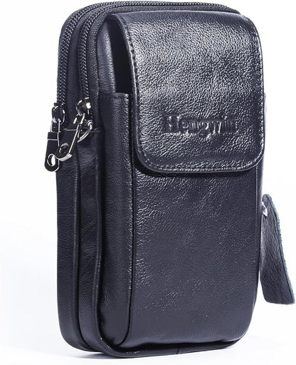 Hengwin Leather Vertical Men Cell Phone Holster Wallet Case with Belt Clip Travel Messenger Bag Waist Pouch Crossbody Purse Fit for iPhone 17 Pro Max 15 Pro Max Samsung Galaxy S25 Ultra Note 9 (Black)