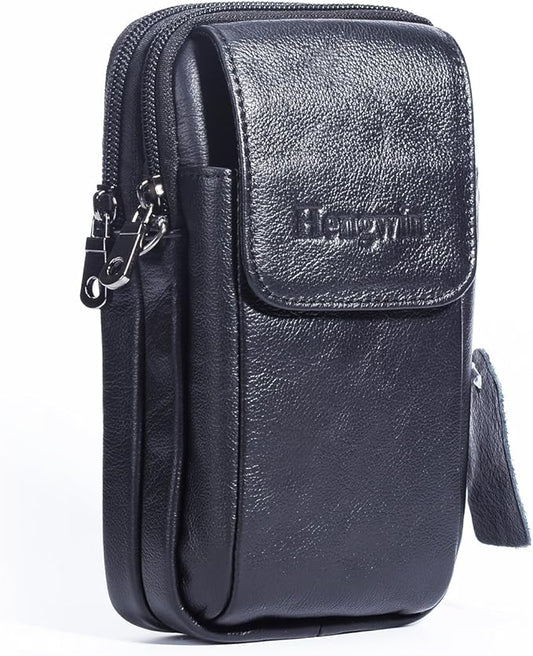 Hengwin Leather Vertical Men Cell Phone Holster Wallet Case with Belt Clip Travel Messenger Bag Waist Pouch Crossbody Purse Fit for iPhone 17 Pro Max 15 Pro Max Samsung Galaxy S25 Ultra Note 9 (Black)
