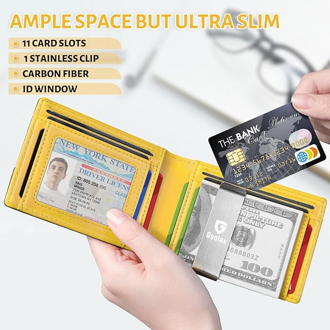 GSOIAX Men's Slim RFID Blocking Leather Wallet with Money Clip | Minimalist Carbon Fiber Bifold Credit Card Holder | 11 Card Slots | Gift Box Included(Carbon Yellow)