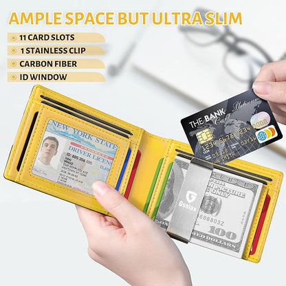 GSOIAX Men's Slim RFID Blocking Leather Wallet with Money Clip | Minimalist Carbon Fiber Bifold Credit Card Holder | 11 Card Slots | Gift Box Included(Carbon Yellow)