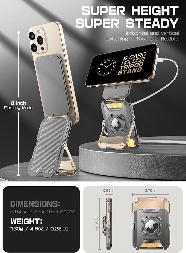 SUPCASE for MagSafe Wallet with AirTag Holder, Magnetic Airtag Wallet for Men, [Hold 5 Cards] [Adjustable Stand] [RFID Blocking] Card Holder Tripod for iPhone 17/16/15/14/13/12 Series, DesertGold