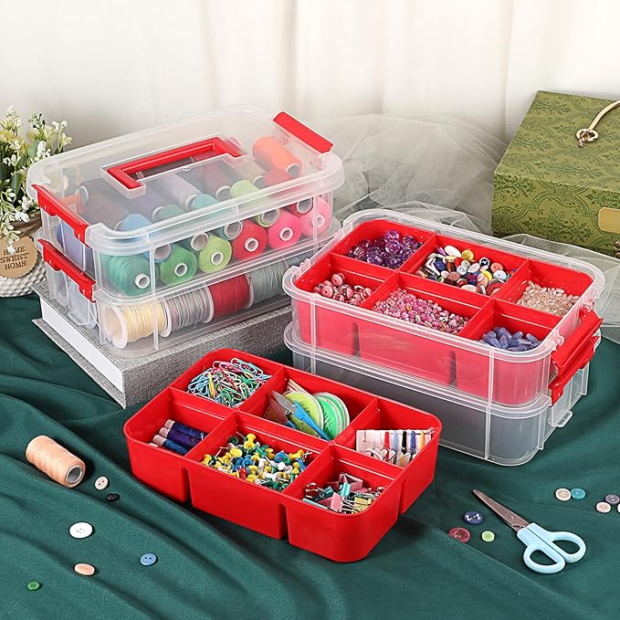 JUXYES 4-Tiers Stack Carry Storage Box With 2 Divided Tray, Transparent Stackable Storage Bin With Handle Lid Latching Storage Container for School & Office Supplies, Red