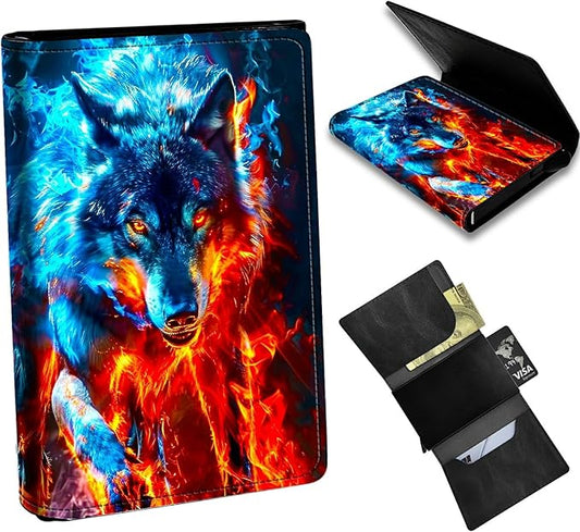 Minimalist Wallet for Men's Card Holders, Pop-Up Card Case Wallets for Women, Leather Automatic Credit Card Holder with Metal Money Clip RFID Blocking Bifold Pocket, Red Blue Flaming Wolf