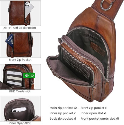 HESHE Leather Sling Bag for Women Crossbody Bags with Multi-Pocket Stylish Fanny Packs for Travel Chest Bag