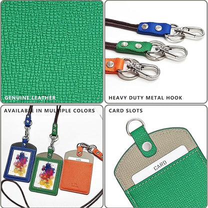 Badge Holder: Boshiho Cowhide Leather ID Badge Card Holder with 19" Neck Lanyard, Vertical Style (Green-Gray)