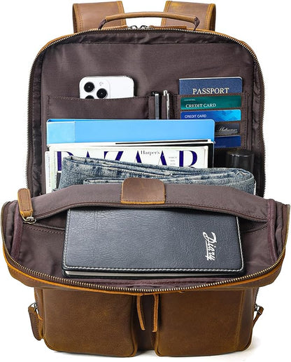 Polare 17.3 Inch Full Grain Leather Backpack for Men and Women Multi Pockets Business Travel Laptop Rucksack (Light Brown)