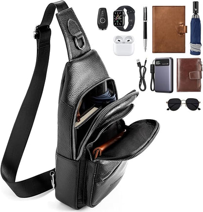 Leather Sling Bag Crossbody Bags for Men, Chest Pack for Daily Travel Leisure Sport（Black/Brown）
