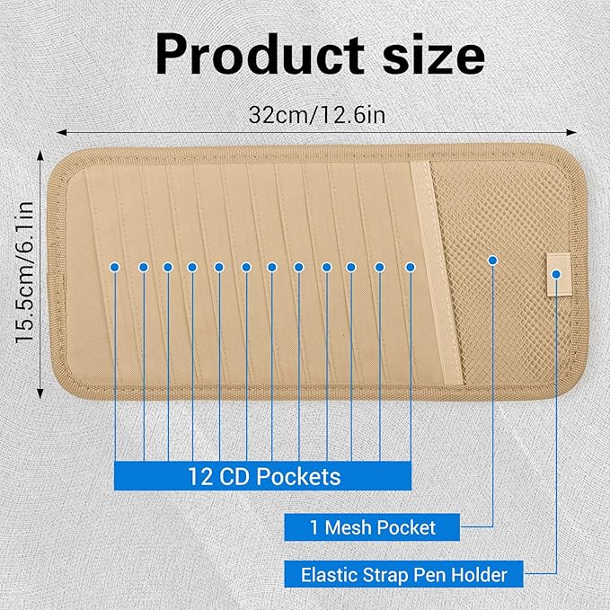 Molain CD Case Holder for Car, DVD Vehicle Sun Visor Organizer for Cars Large Capacity CD Visor Case Car with 12 DVD Storage Sleeves 1 Mesh Pocket 1 Pen Holder and Elastic Strap(Khaki)