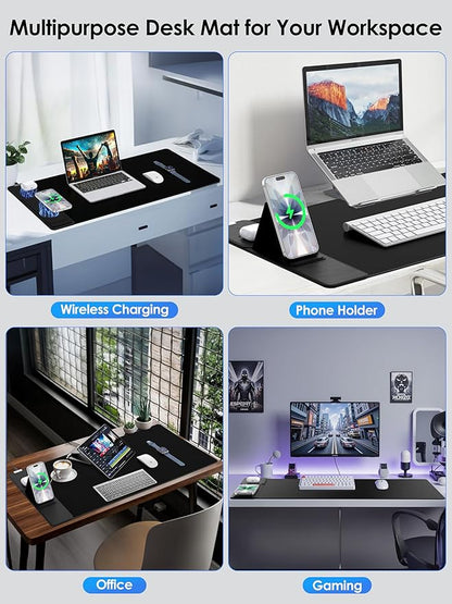 Wireless Charging Mouse Pad with Foldable Phone Holder, 15W Magnetic Fast Charging for iPhone Samsung, 31.5"x15.75" Large Desk Mat for Laptop/Keyboard, Waterproof Gaming Mousepad with Non-Slip Base