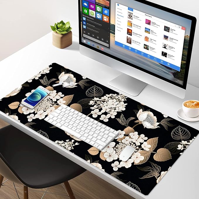Large Desk Mat, Dual Side PU Leather Waterproof Mousepad Desk Pad, Desk Protector Writing Pads Desk Accessories for Office and Home (C-Black Gold Flower, 35.5''X15.8'')
