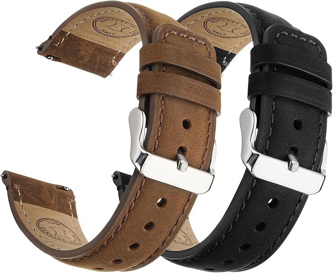Fullmosa 18mm 20mm 22mm 24mm Leather Watch Bands, 2 Pack Soft Quick Release Watch Strap Compatible with Garmin Vivoactive 5/6/4/3, Venu 4/3S/2S, Samsung Galaxy Fossil Amazfit for Men Women,22mm Saddle Brown&Silver/Black&Silver