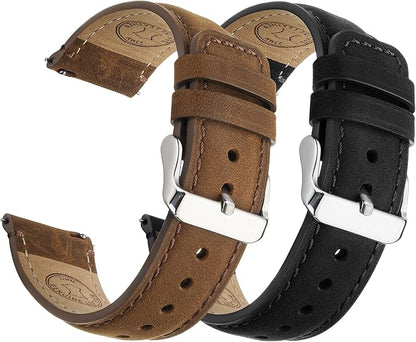 Fullmosa 18mm 20mm 22mm 24mm Leather Watch Bands, 2 Pack Soft Quick Release Watch Strap Compatible with Garmin Vivoactive 5/6/4/3, Venu 4/3S/2S, Samsung Galaxy Fossil Amazfit for Men Women,20mm Saddle Brown&Silver/Black&Silver