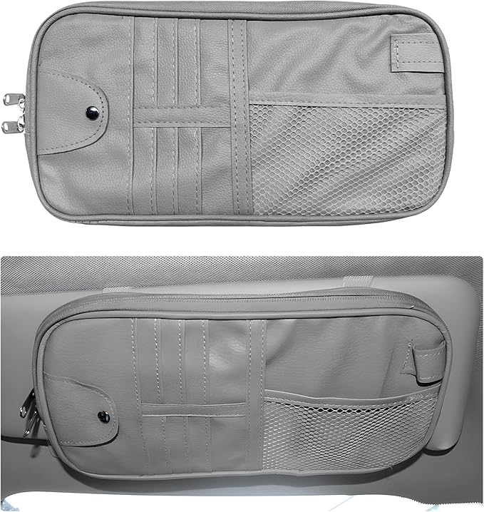Car Sun Visor Organizer, Multi-Purpose Visor Storage Holder with Elastic Bands & Glasses Clip, Multi-Pocket Sunshade Organizer Soft Leather Storage Pouch for Car Truck SUV (Gray)