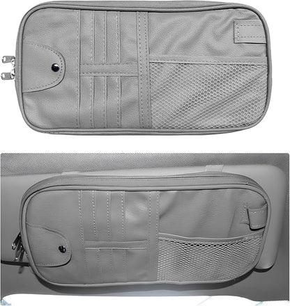 Car Sun Visor Organizer, Multi-Purpose Visor Storage Holder with Elastic Bands & Glasses Clip, Multi-Pocket Sunshade Organizer Soft Leather Storage Pouch for Car Truck SUV (Gray)