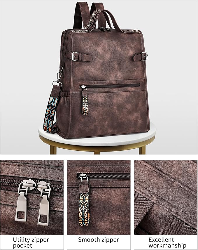 FADEON Leather Laptop Backpack for Women, Designer Ladies Work Travel Computer Backpack with Laptop Compartment Coffee Brown