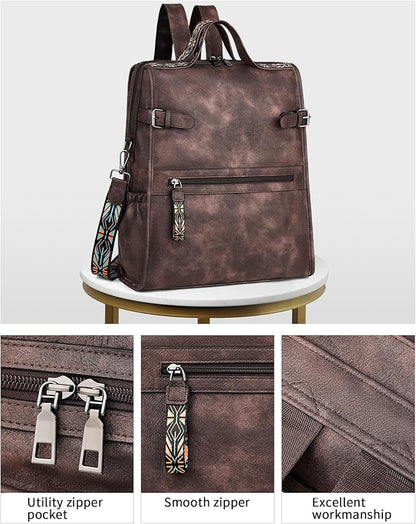 FADEON Leather Laptop Backpack for Women, Designer Ladies Work Travel Computer Backpack with Laptop Compartment Coffee Brown