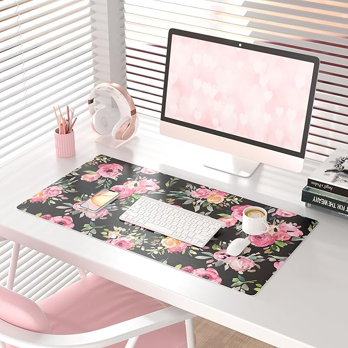 QiyI Large Mouse Pad, Floral Desk Mat for Desktop, Women Girls Watercolor Pink Flowers Office Décor Desk Accessories, PU Leather Waterproof Gaming Mousepad, Black Desk Pad Computer Mat, 31.5" x 15.7"