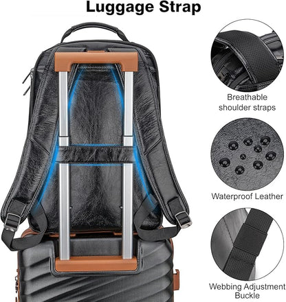 Tzowla Full Grain Genuine Leather Laptop Backpack for Men and Women,Business Work Travel Slim Daypack Fits 15.6 Inch Notebook/Computer-Black