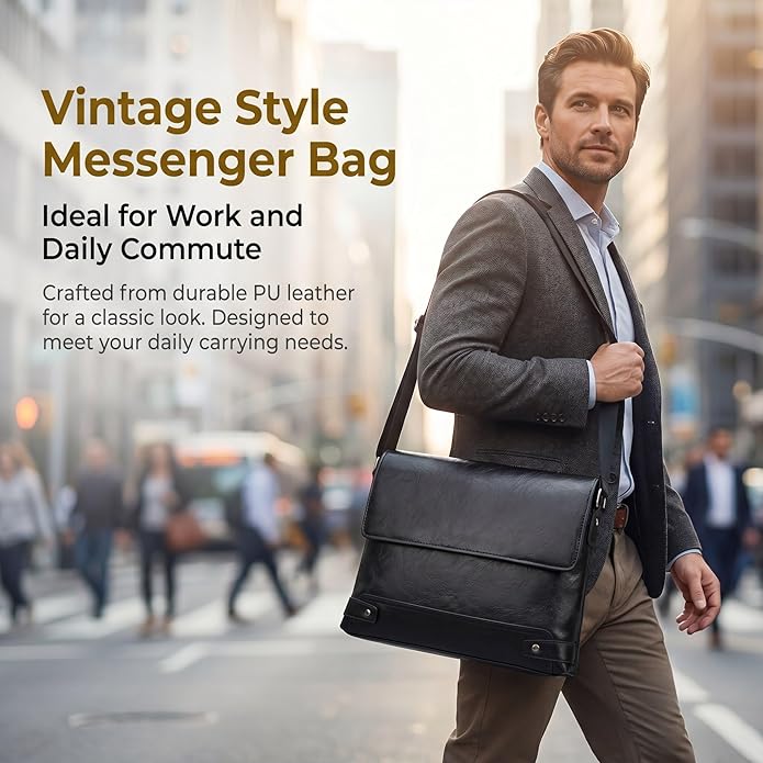 Vintage PU Leather Mens Messenger Bag - Slim Crossbody Shoulder Bag for Work, Travel & Daily Commute Casual Tablet Satchel