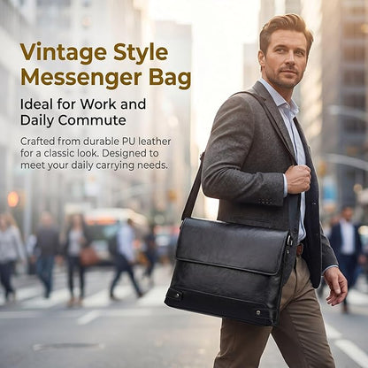 Vintage PU Leather Mens Messenger Bag - Slim Crossbody Shoulder Bag for Work, Travel & Daily Commute Casual Tablet Satchel