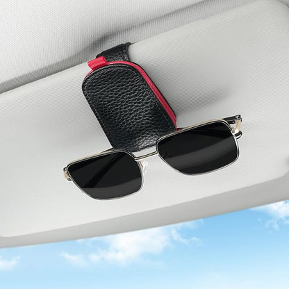 SINGARO Sunglasses Holder for Car, Leather Magnetic Buckle Sun Visor Sunglass Clip, Ticket Card Storage Glasses Clip, Car Interior Accessories for Men and Women（Black-red）