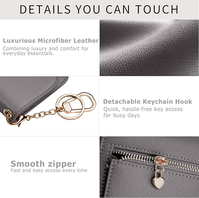 Women Small Wallet RFID Blocking Slim Wallet with Coin Pocket Tri-Fold Credit Card Holder with ID Window and Keychain (Grey)