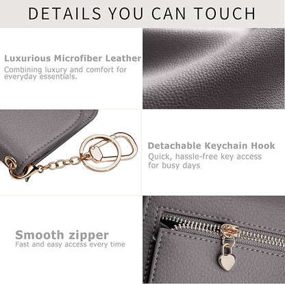 Women Small Wallet RFID Blocking Slim Wallet with Coin Pocket Tri-Fold Credit Card Holder with ID Window and Keychain (Grey)