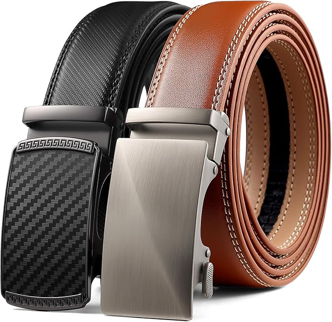 Founders & C Mens Belt 2 Pack,Leather Ratchet Click Belt Dress with Slide Buckle 1 3/8" in Gift Set Box- Size Adjustable