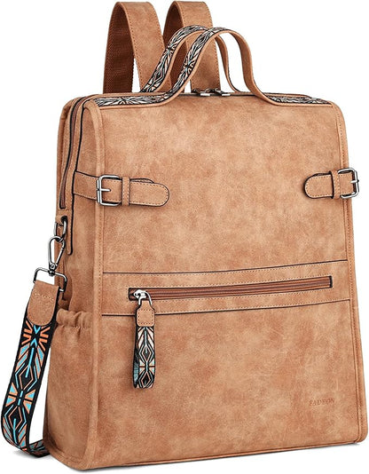 FADEON Leather Laptop Backpack for Women, Designer Ladies Work Travel Computer Backpack with Laptop Compartment Suede Brown