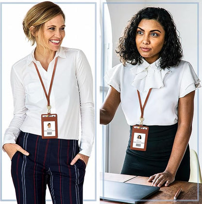 ID Badge Holder with Lanyard, Vertical PU Leather ID Badge Card Holder with 1 Clear ID Window, 4 Credit Card Slots and a Detachable Neck Lanyard (Brown)