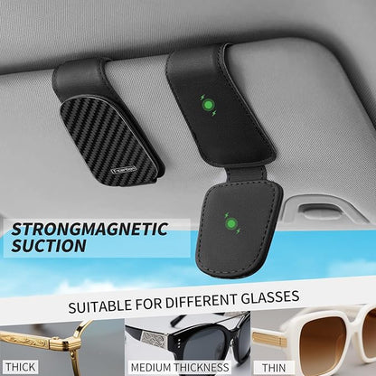 T-carbon Sunglass Holder for Car Visor,Magnetic Leather Glasses Holder,Carbon Fiber Sunglasses Holder and Ticket Card Clip,Car Accessories Interior,Glossy Black