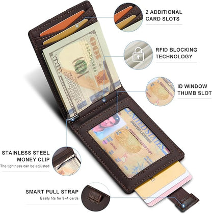 Slim Wallet for Men RFID Blocking, Genuine Leather Card Holder Minimalist Bifold, Front Pocket Wallets for Men with Money Clip Small Thin