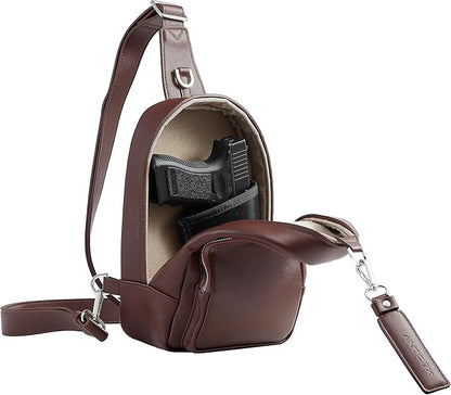 CCW Sling bag for Women & Men-Magnetic closure Cusual EDC bag with fast access-Concealed carry crossbody bag for Women & Men-Include universal fast draw Holster (Dark Brown)