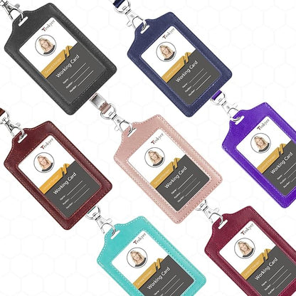 Teskyer 2 Pack of Double Sided Clear Badge Holder with Lanyard, PU Leather ID Badge Name Card Holder with Stainless Steel J-Hook Nylon Lanyard for Work ID, School ID, Metro Card, Access Card, Brown